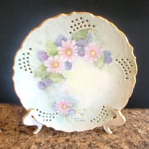 Porcelain Plate Hand Painted Signed Flowers Berries Reticulated Scalloped Edge - £7.77 GBP