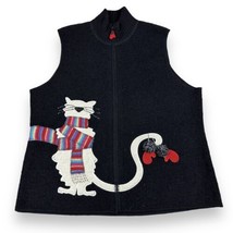 Coldwater Creek Black Wool Full Zip Vest Cat Wearing Winter Scarf Sweater Sz 1X - £21.41 GBP