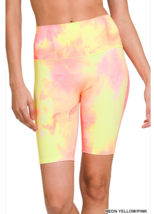 Zenana Medium Tie Dyed Stretch High Waisted   Biker Shorts Yellow/Pink - £10.11 GBP