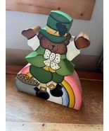 Artist Signed Painted Wood Dancing Teddy Bear Leprechaun Rainbow Pot o G... - $14.89