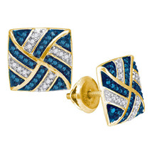 10k Yellow Gold Blue Color Enhanced Diamond Square Pinwheel Cluster Earr... - $299.00