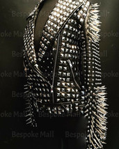 New Woman&#39;s Full Black Punk Silver Long Spiked Studded Leather Brando Jacket-826 - £499.24 GBP