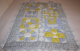 Blue Gingham Yellow Quilt Wall Hanging Patchwork Applique ZigZag Border ... - $27.50