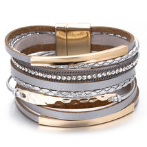 Amorcome Metal Bar Charm Leather Bracelets For Women Trendy Boho Braided Rope Wi - £11.08 GBP