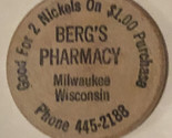 Vintage Bergs Pharmacy Wooden Nickel Milwaukee Wisconsin - £3.87 GBP