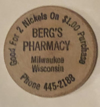 Vintage Bergs Pharmacy Wooden Nickel Milwaukee Wisconsin - £3.86 GBP