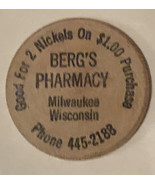Vintage Bergs Pharmacy Wooden Nickel Milwaukee Wisconsin - £3.88 GBP