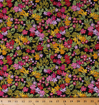 Cotton Leonora&#39;s Flowers Pink Yellow Green on Black Fabric Print by Yard D152.01 - £7.79 GBP