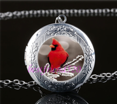 Red Cardinal Bird Cabochon LOCKET Pendant Silver Chain Necklace USA Ship #185 - £11.79 GBP