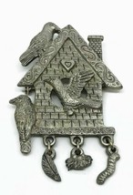 Spoontiques Pewter Birdhouse Brooch Pin Worm Nest Feather Dangle Charms Jewelry - £15.70 GBP