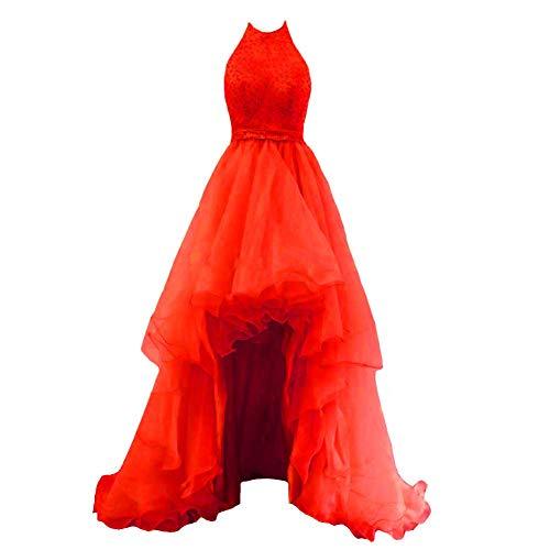 Custom Made Beaded Halter High Low Organza Formal Homecoming Prom Dresses Red