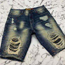 Men’s Makobi Dk Blue Vintage Sandblast Ripped Denim Shorts NWT - £76.74 GBP
