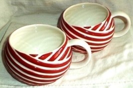 STARBUCKS  Coffee Mugs (2) 2013 Ball Yarn Wool Ribbon Stripe Red &amp; White... - £31.06 GBP