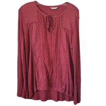 Lucky Brand Long Sleeve Red Pleated Henley V-Neck Top Womens Large - £11.73 GBP