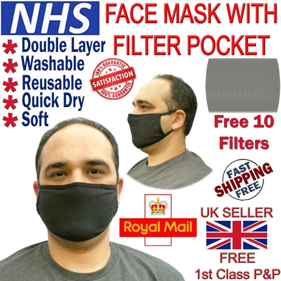 LTG Cotton Face Mask with 10 Filters Mouth Washable Reusable Soft Black ... - $2.64+
