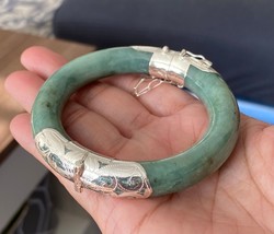 6.5 &quot; 925 Silver Handmade Genuine Burmese Jade Women Bangle Bracelet US ... - $58.41