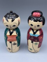 Vintage Japanese Kokeshi Doll Salt &amp; Pepper Shakers Wooden Lacquer - $12.75