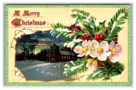 Night View Church Pine Bough Merry Christmas Embossed DB Postcard J18 - £2.92 GBP