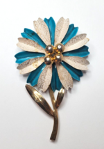 Vintage Enamel Metal Flower Pin Brooch Teal White Gold 3 inches Estate - $23.71