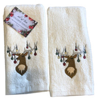 Christmas Fingertip Towels Reindeer Ornaments Embroidered Set of 2 Ivory... - $24.47