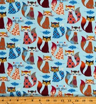 Cotton Colorful Foxes Woodland Animals Blue Fabric Print by the Yard D778.76 - £8.61 GBP