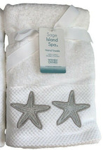 Hand Towels Sage Spa Starfish White Set of 2 Beach Summer House Embroidered - £30.73 GBP