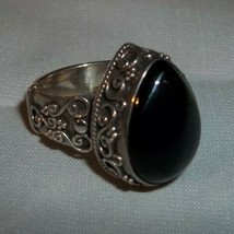 Big Chunky Teardrop Black Onyx Sterling Silver Ring Indonesia BA 925  sz 8 HSN - £27.24 GBP