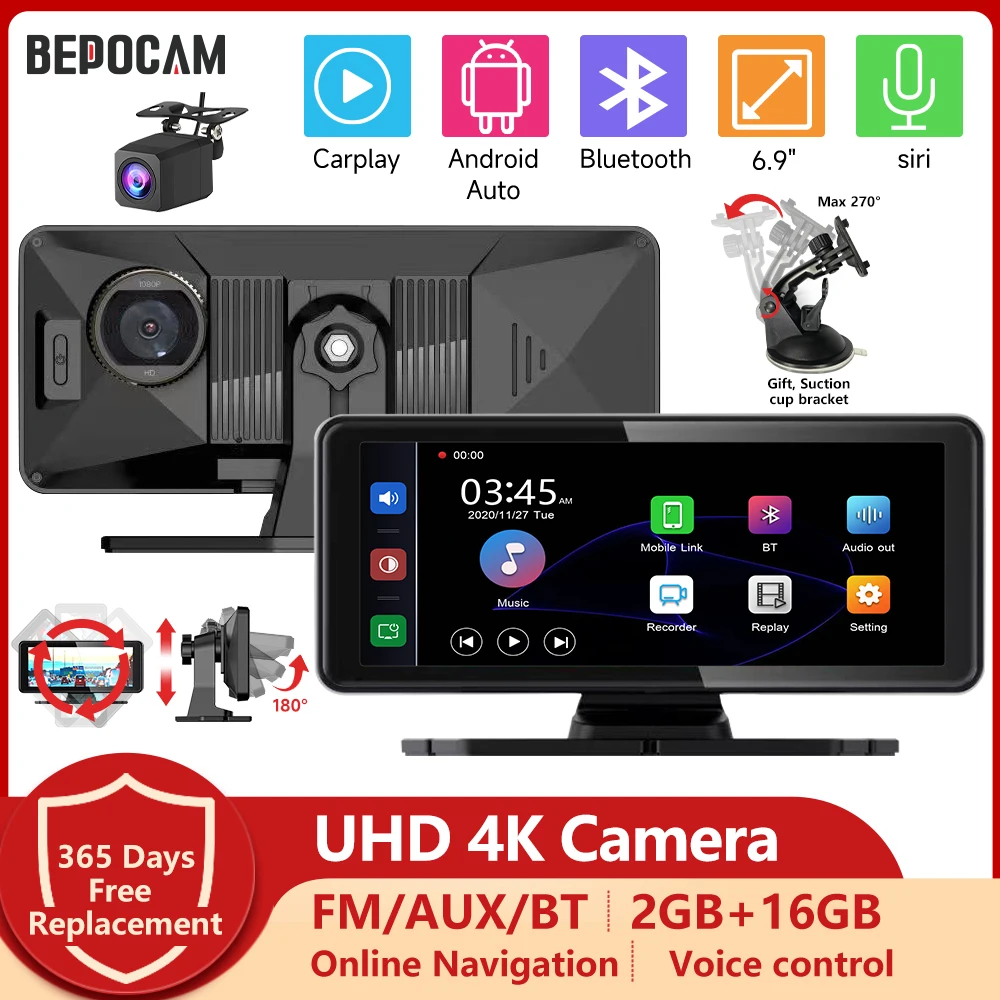 Bepocam Carplay Dash Cam 4K+1080P Uhd 6.9&quot; Screen Car Dvr Camera With Wifi Gps - £121.30 GBP+