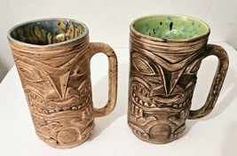 Two Vintage Brown Tiki Mugs /w Handles 5.75&quot; Different design on Sides  ... - £28.33 GBP