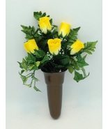 Crypt Mausoleum Vase &amp; Silk Yellow Rose Flowers w/ Button Bolt Support (... - £73.49 GBP