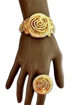 Dubai Style Jewelry Set Golden Statement Rose Flower Bracelet &amp; Ring - £30.26 GBP