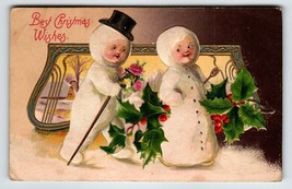 Christmas Postcard Snowman Tophat Cane Snow Women John Winsch Back Germany - £15.69 GBP