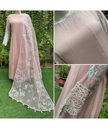 Pakistani Beige Long Maxi Style Embroidered Sequins Chiffon Dress,L - $189.19 CAD
