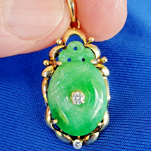 Earth mined Jadeite Jade Diamond Deco Pendant Vivid Green Vintage Solid 14k Gold - $3,748.38 CAD