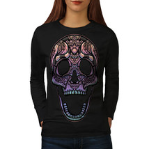 Wellcoda Color Skull Womens Long Sleeve T-shirt, Scary Horror Casual Design - £18.90 GBP