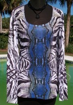 Cache Stretch Embellished Tee Top NWT XS/S Reptile Animal Black Blue White - $39.95