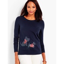 Talbots Sz M Navy Stretch Scottie Dogs n Snow Tee Shirt Blouse Pullover Top - $27.91