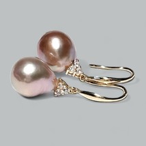 Natural Purple Rose Pink Keshi Cultured 11 x12mm Oval Pearl Dangle Hook Earrings - £79.85 GBP