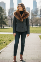 DOLCE &amp; GABBANA Short Herringbone Tweed Jacket With Sable Collar Size 38... - $742.49