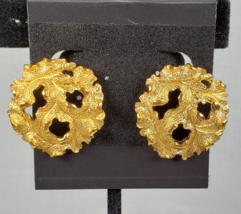 Vtg Signed Crown Trifari Gold Tone Oak Leaf Retro Statement Clip On Earr... - €41,06 EUR
