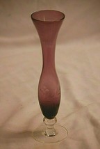 Vintage Purple Hand Blown Art Glass Flower Bud Vase w Etched Floral Designs - £15.81 GBP
