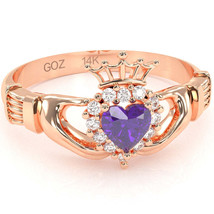 Claddagh Amethyst Diamond Ring In Solid 14k Rose Gold - £470.57 GBP