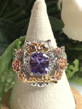 Owl Ring Silver Purple Gem Crystal Roses Gold 7.5” New - £31.29 GBP