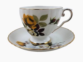 Royal Grafton Yellow Floral Rose Gold Rim Tea Cup Saucer Set Fine China - £23.49 GBP