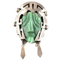 Sterling Silver &amp; Green Calcite Mexican Taxco Aztec Mask Figure Brooch - £180.87 GBP