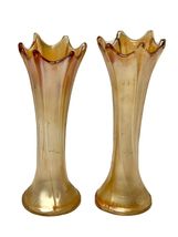 Vtg (2) Iridescent Marigold Carnival Glass Ribbed Ruffle Fluted Vase Spl... - $33.58