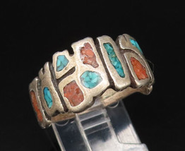 SOUTHWESTERN 925 Silver - Vintage Crushed Coral &amp; Turquoise Ring Sz 11 - RG25874 - £57.33 GBP