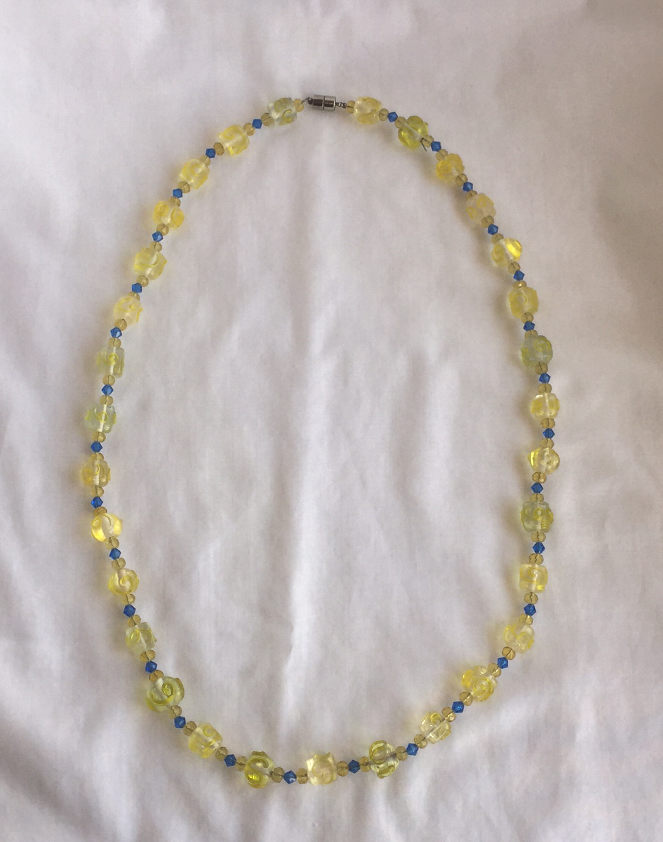 Handmade necklace yellow and blue glass beads 31&quot; long - $4.00