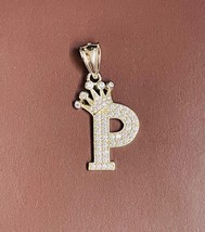 Crown Initial Letter &quot;P&quot; Pendant 14k Yellow Gold Plated 2Ct Lab Created Diamond - £119.89 GBP
