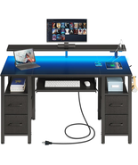 Computer Desk 55.1&quot; with LED Lights &amp; Power Outlets, Home Office Des - €179,37 EUR